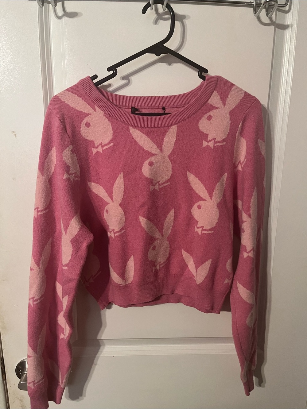 PLAYBOY Two-Tone Pink Bunny Jacquard Crewneck Sweater